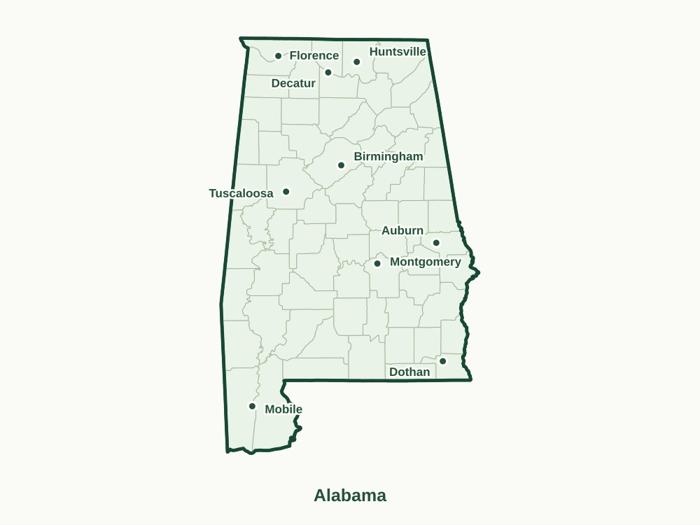 Accurate map of Alabama showing county boundaries and major cities